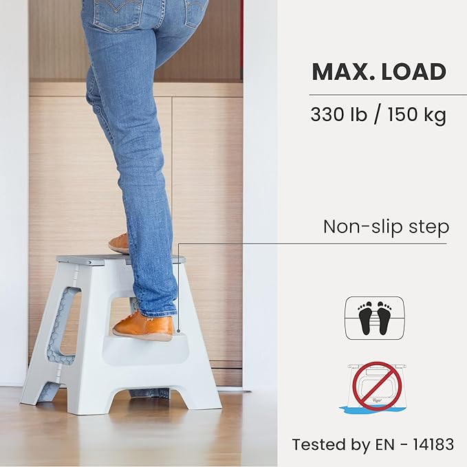 Vigar Compact Folding Step Stool - 16 Inch 2 Step Foldable Step Stool for Adults, Lightweight Portable Stool with Handle, Non Slip Step Stool, Space-Saving Stool up to 330 lb - Gray