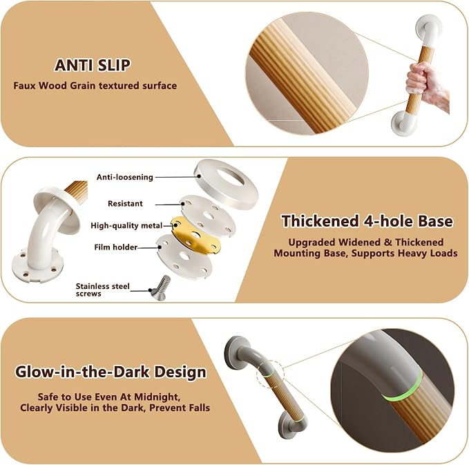 Grab Bars for Shower, 2 Pack 16 Inch Bathtub and Bathroom Safety Handle for Seniors, Anti-Slip Faux Wood Grip, Heavy Duty Shower Handles, Supports up to 500 lbs for Elderly, (Slim Thin Strip)