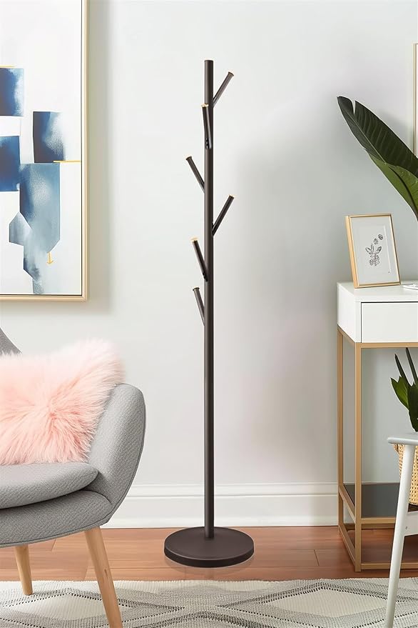 Kira Home Addison 68" Modern Standing Coat Rack with 6 Hanging Hooks, Sleek Metal Coat Stand with Weighted Base and Gold Accents, Oil Rubbed Bronze Finish