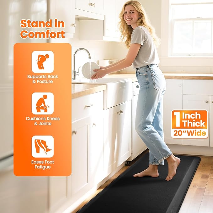 Kitchen Mats for Floor, 1 Inch Extra-Thick Kitchen Rugs, Non-Slip & Waterproof Standing Desk Mat, Comfort Anti Fatigue Mats for Kitchen Floor, Home, Sink, Office (20" X 72", Black)
