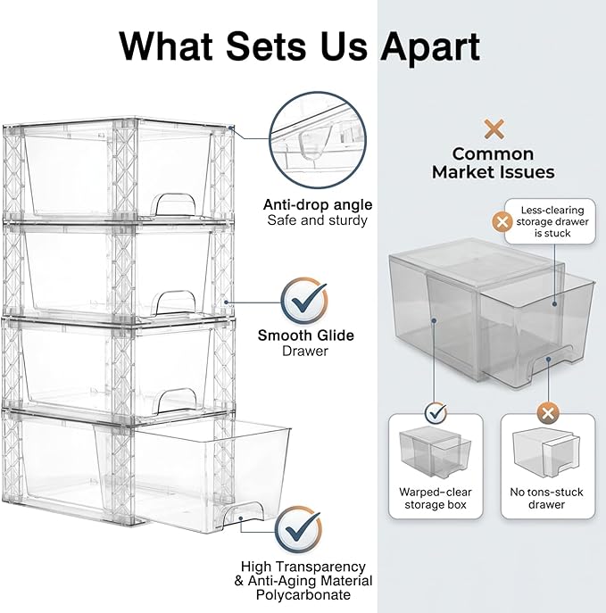 Bathroom Organizers and Storage Boxes 6 Pack, 7in Plastic Stackable Drawers Simply Assembled Containers Bins Suitable for Cosmetics, Kitchen, Cabinets, and Snack