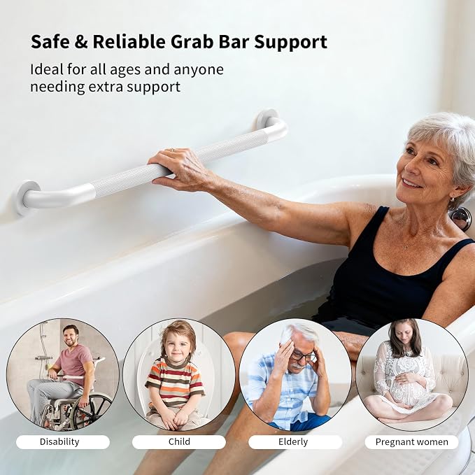 White Grab Bar 32 Inch, iHansee Anti-Slip Bathroom Grab Bar w/Knurled Grip, Stainless Steel Safety Handrail for Toilet Bathtub Shower, Wall Mounted Handicap Bars Handle for Senior Elderly
