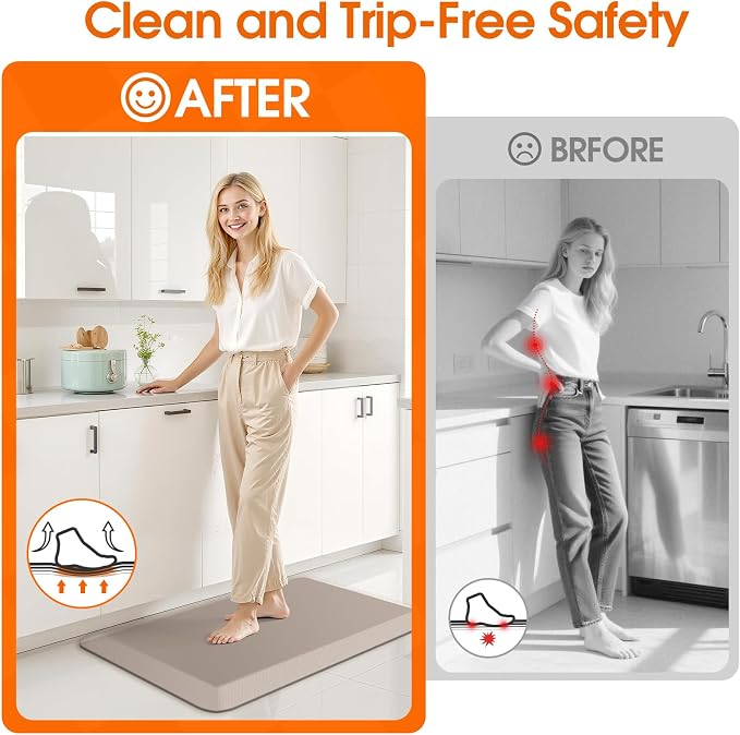 4/5 Inch Thicker Kitchen Mat, Cushioned Thick Floor Comfort Mat, with Non-Slip Bottom, Water & Stain Resistant, Easy Clean Standing Desk Mat for Kitchen, Sink, Office (17.3"x28"x0.8", Khaki)
