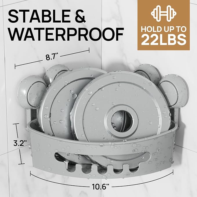 LEVERLOC Corner Shower Caddy Suction Cup, Shower Caddy Basket Powerful Suction Bathroom, Waterproof & Rustproof Organizer for Bathroom Storage, No-Drilling Removable (Grey)