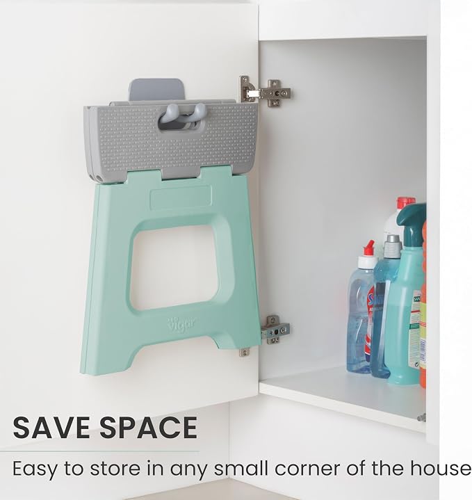 Vigar Compact Folding Step Stool - 12-1/2 Inch Foldable Step Stool for Adults, Lightweight Portable Stool with Handle, Non Slip Step Stool, Space-Saving Stool up to 330 lb - Light Turquoise