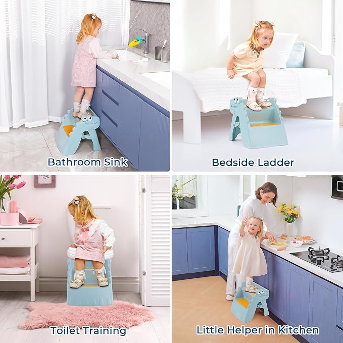 Onasti Toddler Step Stool Foldable Kids Step Stool,Bathroom Stool for Toddlers Non-Slip Toddler Step Stool for Bathroom Sink and Kitchen Counter with Cute Dinosaur Design(Blue)