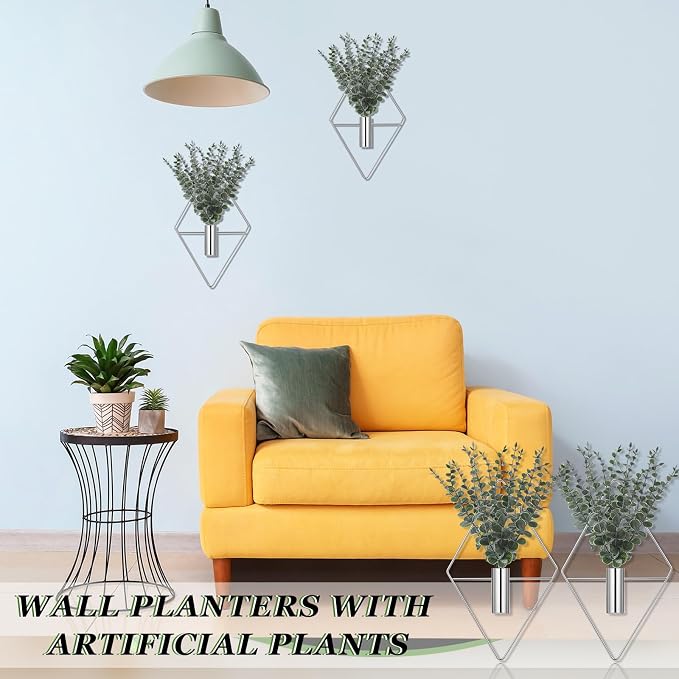 Jexine 4 Pcs Hanging Planters with Artificial Eucalyptus, Chrome Silver Wall Decor Metal Hanging Vase Indoor Plants Holder Modern Geometric Bathroom Decor for Living Room Home Office