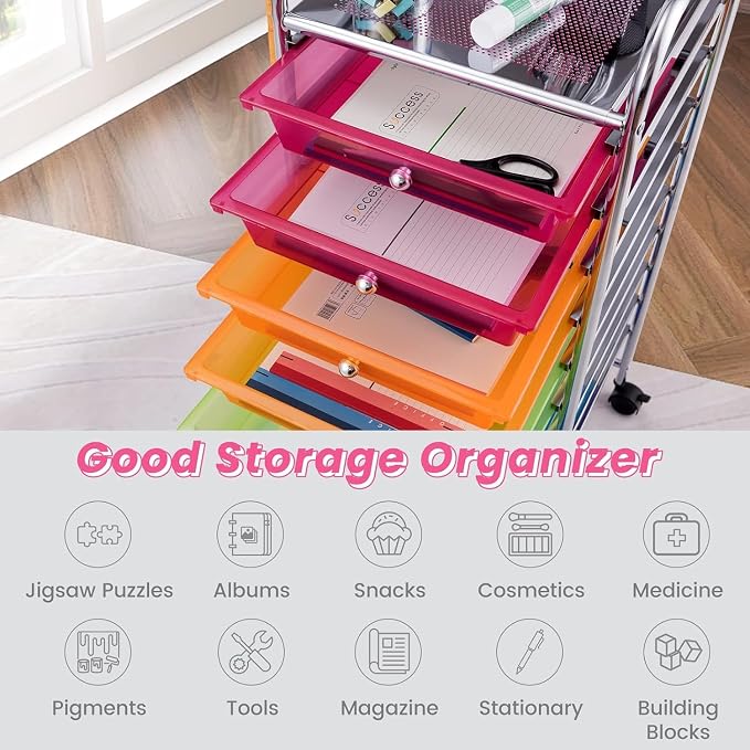 10-Drawer Rolling Storage Cart, Trolley w/Lockable 360° Wheels, 10 Removable PP Drawers, Sturdy Metal Frame, Rolling Utility Cart Perfect for Home, Office, Classroom (Rainbow)