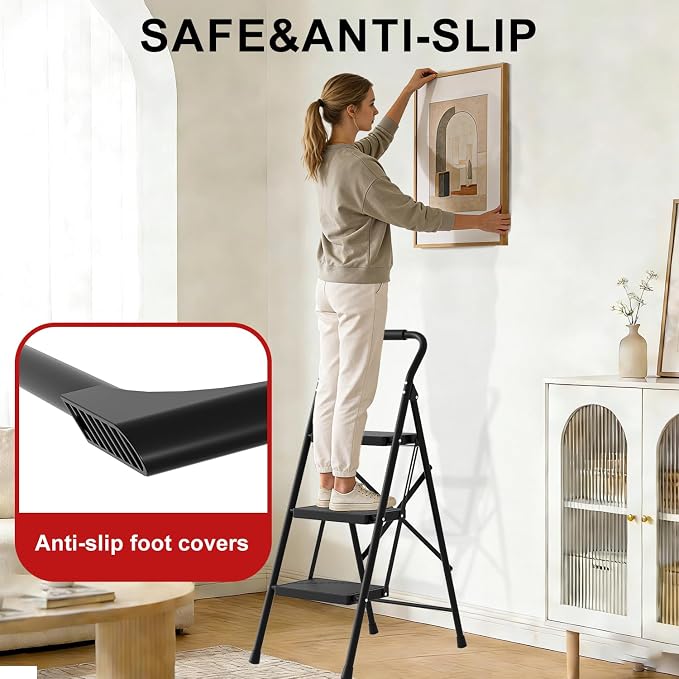 3 Step Ladder Folding 330lbs Anti Slip，Foldable Ergonomic with Wide Pedal for Home, Kitchen, OfficeMatte Black