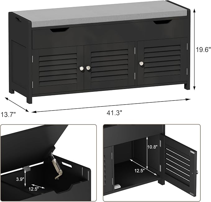 ChooChoo 41.3" Shoe Storage Bench with Lift Top Storage, Entryway Bench with Cushioned Seat, Adjustable Shelf, Shoe Cabinet with Hidden Space, for Entryway, Bedroom, Living Room, Black
