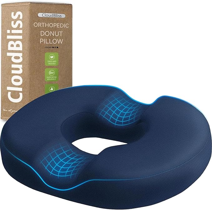 CloudBliss Donut Pillow Stadium Seat Cushion for Tailbone Pain Relief and Hemorrhoids, Memory Foam Seat Chair Cushion, Portable Seat Cushions for Bleachers, Car, Home & Office