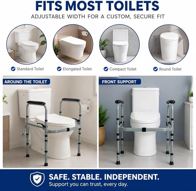 Toilet Safety Rails for Seniors, Foldable Stand Alone Toilet Safety Frame with Adjustable Handles, Freestanding Bathroom Rail for Easy Sitting & Standing, Fits Standard & Elongated Toilets, 350 lbs