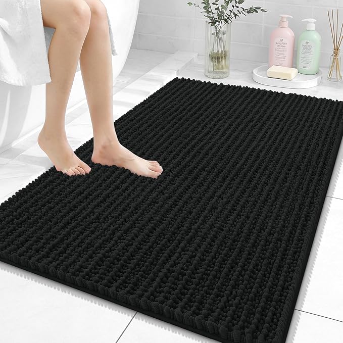 OLANLY Bathroom Rug Mat 40x32, Thick Soft and Absorbent Chenille Bath Mat, Non-Slip Rubber Backing, Machine Washable Quick Dry Bath Rugs for Tub Shower Floor, Home Decor Accessories, Black