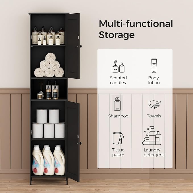 Homleke Tall Bathroom Storage Cabinet with 2 Doors, 67"H Narrow Storage Cabinet with Adjustable Shelves& Anti-Tip Design, Reversible Door Installation, Easy Assembly, 11.8 x 15.7 x 66.9 Inches, Black