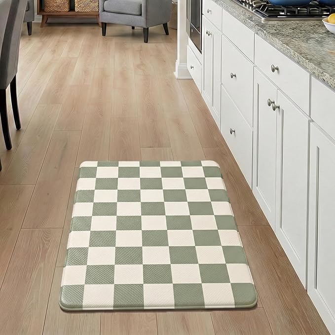Beige Sage Checkered Grid Checkerboard Kitchen Rug Sets [1 PC], Anti-Fatigue, Waterproof Non-Slip Kitchen Mats Heavy Duty Comfort Foam Rug for Kitchen, Floor, Laundry,17"x29"