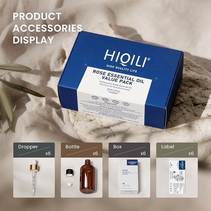 HIQILI Rose Essential Oil Set – 1 fl oz (6 Pack), 100% Pure Natural with Stable Quality, Bulk Pack for Business Purchase, Ideal for Skin Care, SPA, Hotels, DIY Studios, Holiday Gifts & Home Use