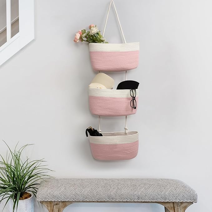 TeoKJ Over the Door Hanging Basket, 3-Tier Woven Cotton Wall-Mounted Storage Organizer Bag Decorative Hanging Nursery Baskets, Pink & White