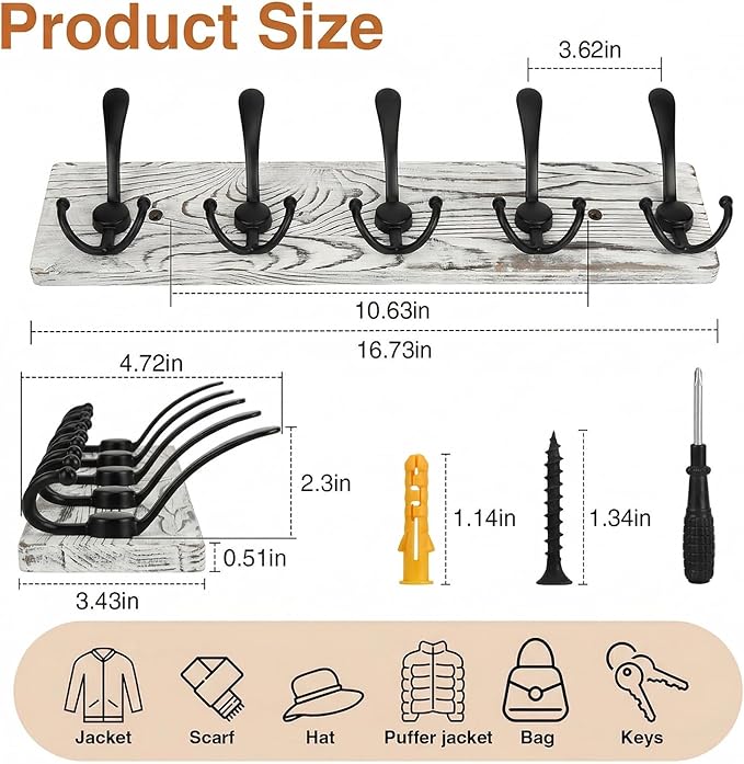 Wooden Coat Rack Wall Mount Heavy Duty, 2 Pack Coat Hanger Wall Mount with 5 Triple Hooks for Clothes, Jacket, Hat, Keys, Space Saving Entryway Organizer for Mudroom (Whte Plate & Black Hooks)