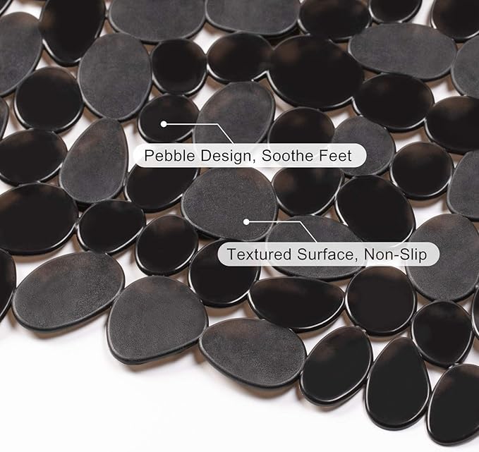 WELTRXE Non Slip Bathtub Mat 35 x 16 Inches Pebbles Shower Mats with Suction Cups, Drain Holes for Bathroom Showers, Tub, Machine Washable Bathroom Mats BPA, Latex Free Safe Tub Mats - Black