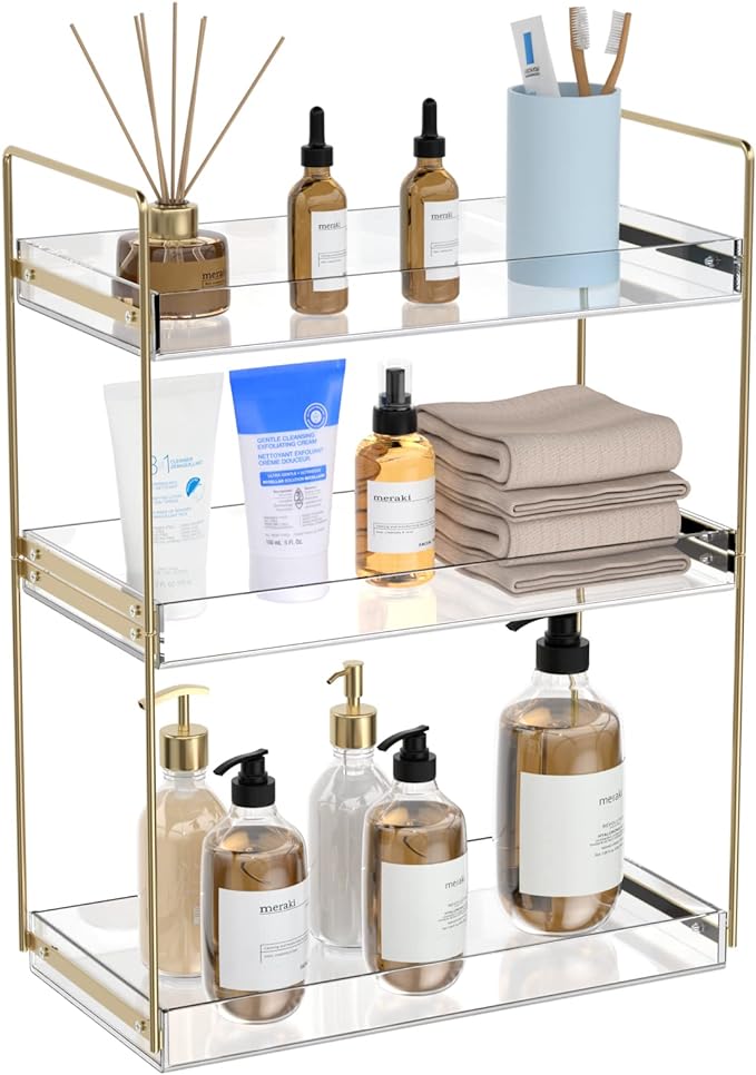 Bathroom Countertop Organizer, 3 Tier Acrylic Tray Vanity Counter Skincare Organizer Shelf, Kitchen Under Sink Standing Rack, Home Storage Holder for Lotion Makeup Cosmetics Perfume Spice, Gold | Vanity Counter