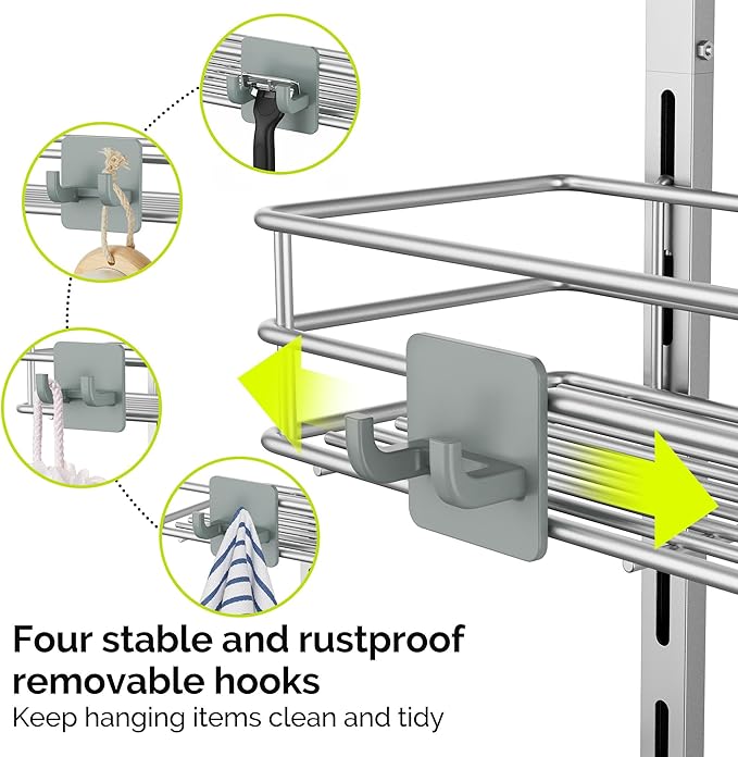 Orimade Over the Door Shower Caddy Adjustable 5 Tier Silver Grey,Bathroom Hanging Organizer Shelf Rustproof with 4 Hooks,Shower Basket with Soap Holder and Suction Cup