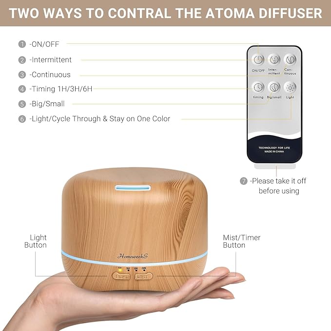 Homeweeks 300ml Essential Oil Diffuser, Quiet Aromatherapy Mist Diffusers for Essential Oils, Wood Grain, Ultrasonic, Remote Control, Timer, 7 Colors Light for Bedroom (300ml Yellow Wood Grain)