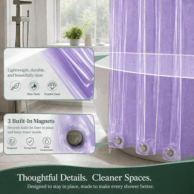 EHZNZIE Purple Shower Curtain Liner 72x72, PEVA Waterproof Bath Curtain, No Chemical Smell, 3 Weighted Magnets, Durable with Rustproof Metal Grommets