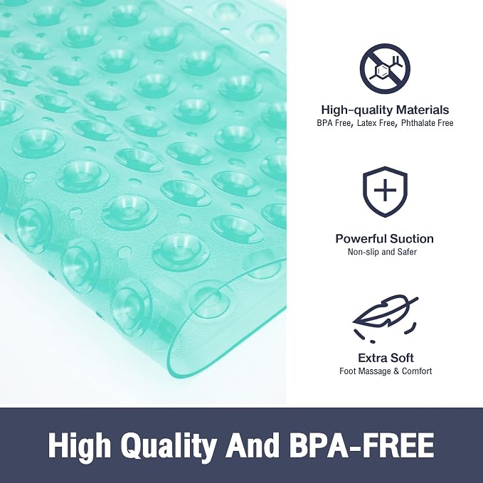 Square Shower Bathtub Mat Non Slip for Inside Shower Clear Green 21x21 Inch, Shower Stall Mats for Bathroom Floor, Soft Bath Mat for Tub with Big Suction Cups Drain Holes, Easy Washable Dry