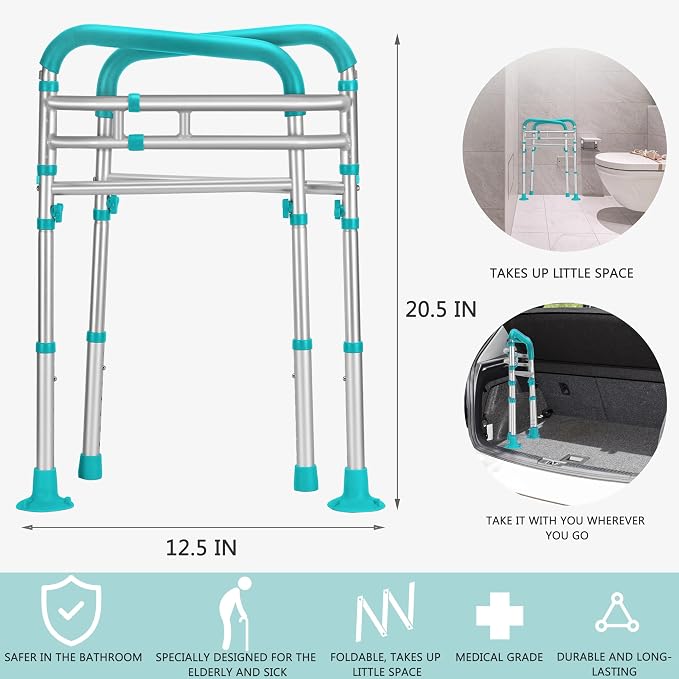 Lianjindun Toilet Safety Rails (350 lb), Adjustable Toilet Frame for Elderly, Seniors, Handicap & Disabled, Foldable Handicap Toilet Handles Fit Any Toilets（Peacock Blue）
