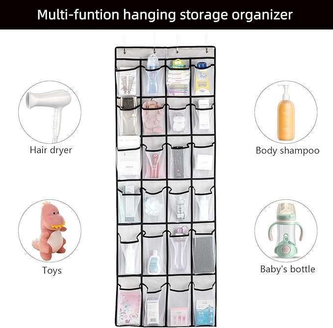 SAVERHO Hanging Shoe Organizer, Over The Door Shoe Organizer with 24 Mesh Large Pockets Door Shoe Rack for Men Women Kids Hanging Door Shoe Holder Size:58x21 Inch (White-2pack)