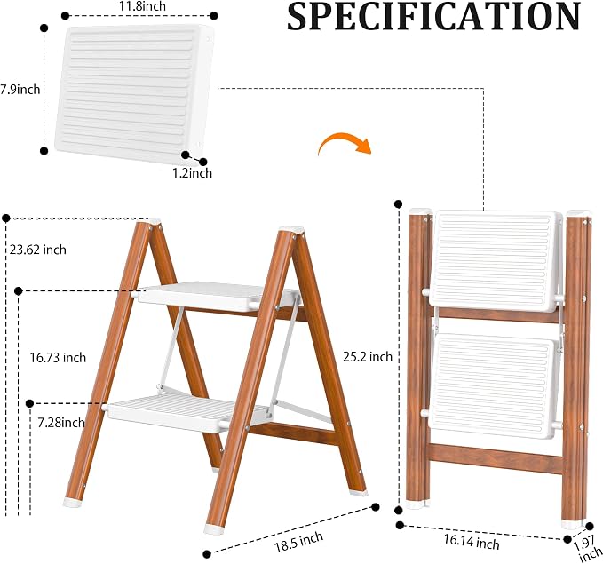 DIAMONDFORGE 2 Step Ladder, Lightweight Folding Step with Wide Anti-Slip Pedal & Feet, 330 lbs Capacity,Sturdy Steel Step Ladder for Home,Office and Library,Light Woodgrain