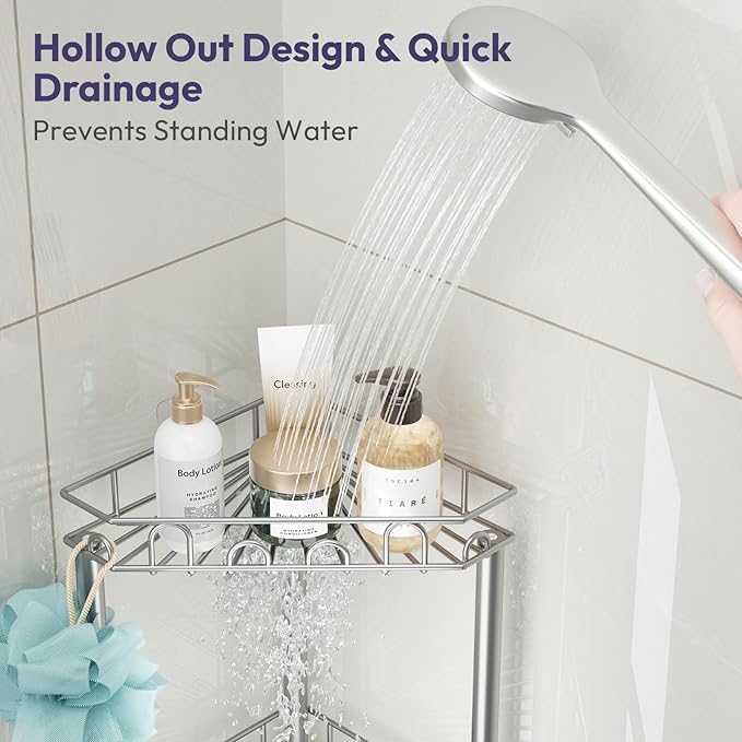 SWTYMIKI Standing Shower Caddy Corner - 4‑Tier Stainless Steel Shower Organizer Shelf with 12 Hooks and Adhesive Pads, Rustproof Corner Shelves Stand Rack for Bathroom Shower Room, Silver