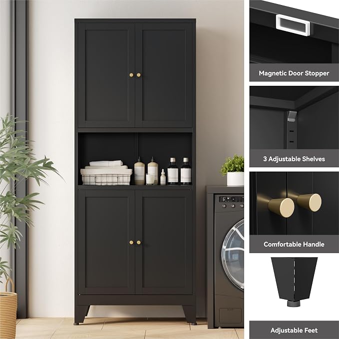 Bevivog Tall Pantry Cabinet with Microwave Shelf, 69" Metal Storage Cabinet with 4 Doors and Adjustable Shelves,Freestanding Metal Kitchen Hutch Cabinet, Black Pantry Closet Storage Shelves with Doors