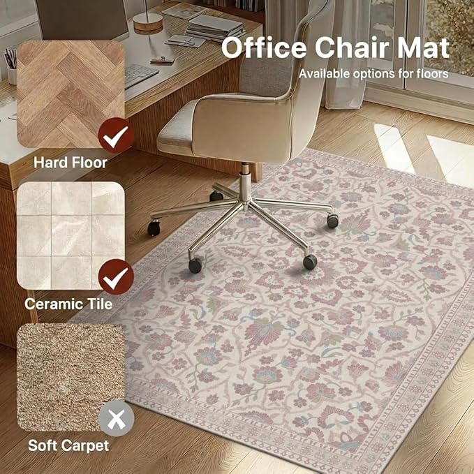 48"x72" Office Chair Mat for Hardwood Tile Floor, Under Desk Carpet Protector for Rolling Computer Chair Mat, Machine Washable Area Rug, Anti-Slip 1/5" Thick Low Pile Thin Vinyl Floor Mat, Dusty Rose