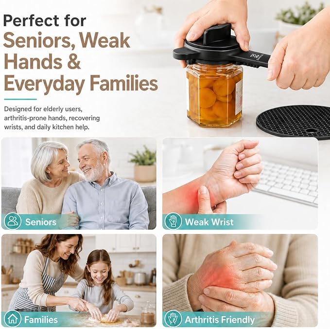 Jar Opener for Seniors with Arthritis, Easy Grip Adjustable Lid & Bottle Opener Set with Non-Slip Silicone Pad & Stainless Steel Hook, Black