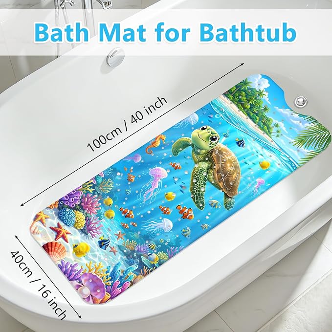 Kids Bath Mat for Tub Non Slip – 40"x16" Cute Cartoon Turtle Baby Bathtub Mats, Machine Washable, Extra Long Tub Mats with Suction Cups & Drain Holes Non Slip Baby Shower Mat for Toddler Bath(Turtle)