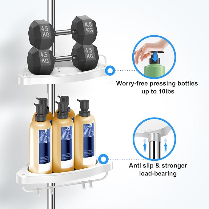 HAMITOR Corner Shower Caddy Tension Pole: Adjustable Stainless Steel Shower Organizer with 4 Tier Shelf for Bathroom Bathtub Tub Shampoo - Floor Standing Rack Bath Storage Holder with Rust Proof Rods