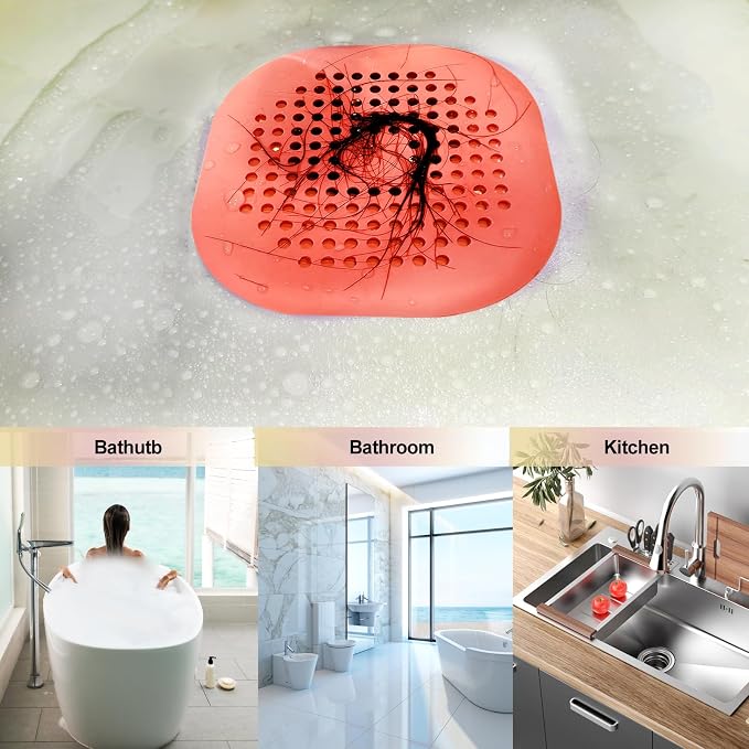 Hair Drain Catcher,Square Drain Cover for Shower Silicone Hair Stopper with Suction Cup,Easy to Install Suit for Bathroom,Bathtub,Kitchen 2 Pack (Orange)