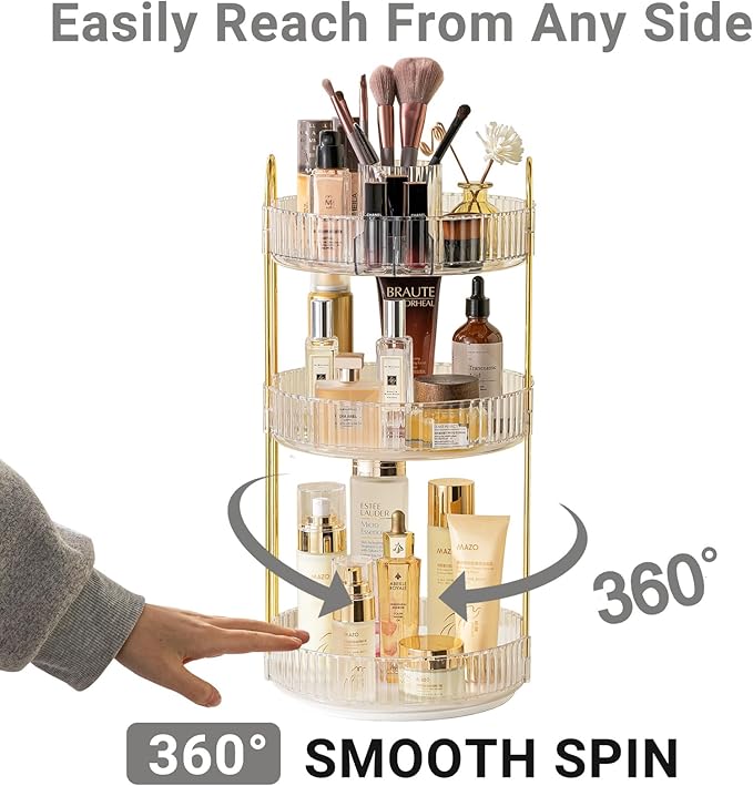 Asayuee 360 Rotating Makeup Organizer,3 Tier Large Capacity Make Up Organizers and Storage,Skincare Perfume Vanity Organizers,Bathroom Cosmetics Storage Organizer Countertop(Clear)