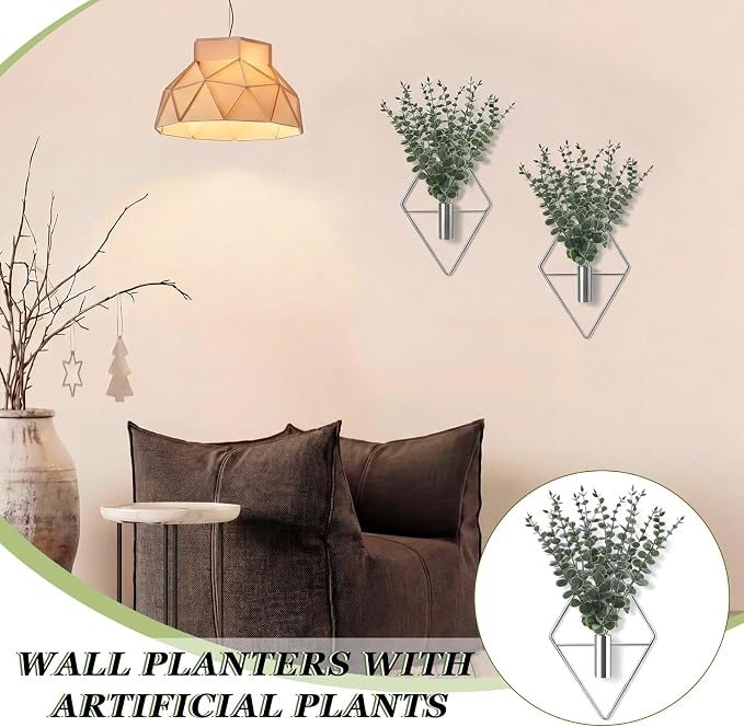Jexine 4 Pcs Hanging Planters with Artificial Eucalyptus Metal Hanging Vase Indoor Plants Holder Modern Geometric Boho Bathroom Wall Decor for Living Room Home Office (Eucalyptus,Silver)