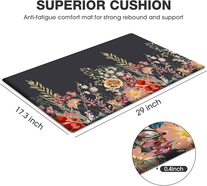 MAYHMYO Kitchen Rug Anti Fatigue Kitchen Mat Cushioned Black Floral Plants Cute Vintage Kitchen Rugs Non Skid Waterproof Kitchen Rugs and Mats for Floor Laundry Standing Desk Sink