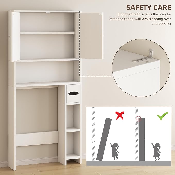 Shintenchi Over the Toilet Storage Cabinet, Bathroom Storage Cabient with Barn Doors, Bathroom Storage Shelf Organizer with Toilet Paper Holder, Adjustable Shelf and Anti-Tip Device, White