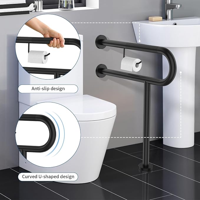 Toilet Support Rail w/Toilet Paper Holder 24x28 Inch, ZUEXT Wall to Floor Matte Black Anti-Slip Handicap Grab Bar for Bathroom, Stainless Steel Safety handrails with Leg for Elderly Disabled Pregnant