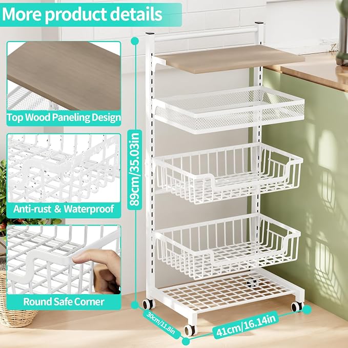 HapiRm Fruit Basket Kitchen Cart - 5 Tier Adjustable Vegetable Storage Rack, Large Capacity Rolling Kitchen Carts on Wheels for Snack Onion and Potato Storage