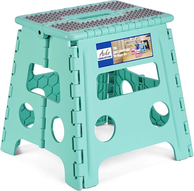 ACKO Folding Step Stool 13 Inch Stool Heavy Duty Plastic Foldable Step Stools for Kids, Stepping Stool with Handle, Suitable for Kitchen Hold Up to 300 LB (Teal 1PC)