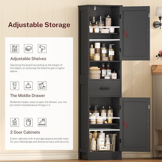 TEENFON Tall Bathroom Storage Cabinet with Barn Doors, Narrow Bathroom Cabinet with Drawer, Narrow Storage Unit, Adjustable Shelves, Floor Cabinets for Living Room, Entryway, Kitchen, Black