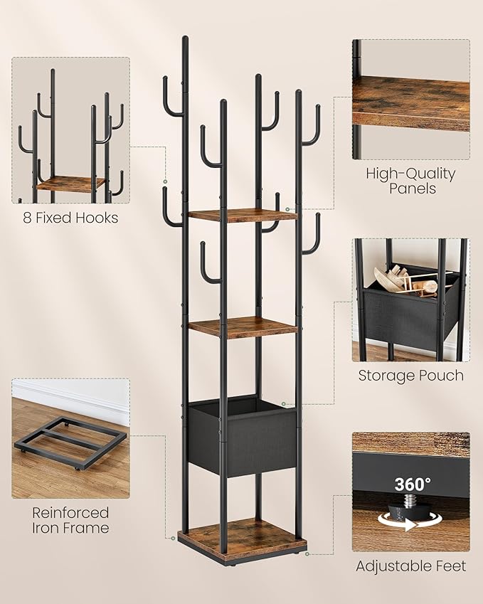 CHOEZON Coat Rack Freestanding, Coat Rack with 3 Shelves, 8 Hooks and 1 Fabric Pouch, Square Coat Hanger Stand, Metal Clothes Tree for Living Room, Bedroom, Entryway, Rustic Brown and Black TYM03BF