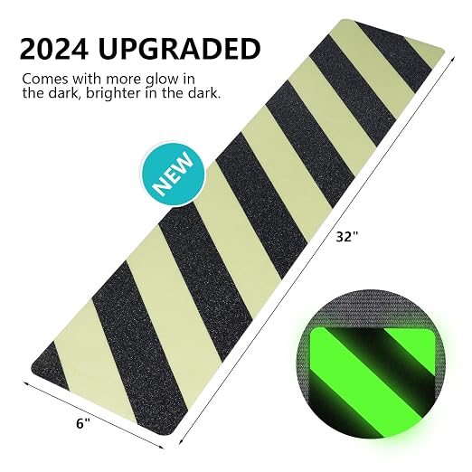 LifeGrip Anti Slip Traction Treads, Glow in the Dark Striped Treads (10-Pack), 6" X 32", Best Grip Tape Grit Non Slip, Outdoor/Indoor, High Friction Abrasive Adhesive for Stair Step, Luminous Green