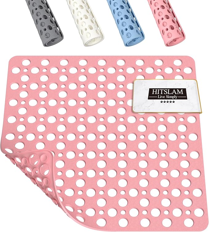 HITSLAM Shower Mat Anti Slip, 21x21 Inch No Odor Soft TPE Bathroom Shower Stall Floor Mat, Square Bath Mat for Tub Non Slip with Suction Cups and Drain Holes, Machine Washable, Soft on Feet, Pink