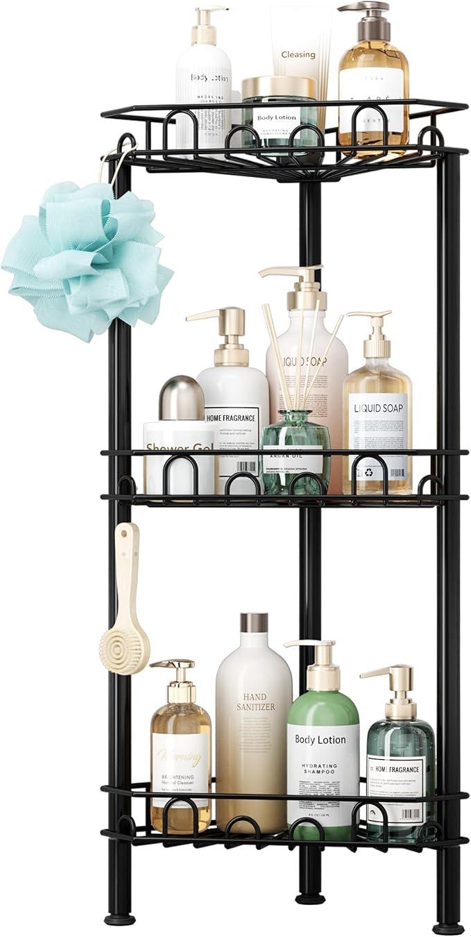 SWTYMIKI Standing Shower Caddy Corner - 3‑Tier Stainless Steel Shower Organizer Shelf with 12 Hooks and Adhesive Pads, Rustproof Corner Shelves Stand Rack for Bathroom Shower Room, Black